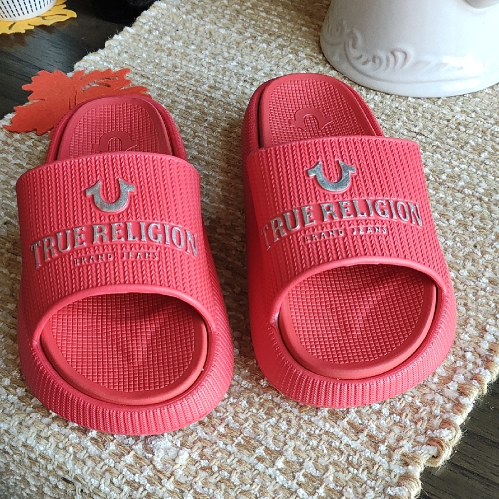 True Religion Bright Red Slide Sandals